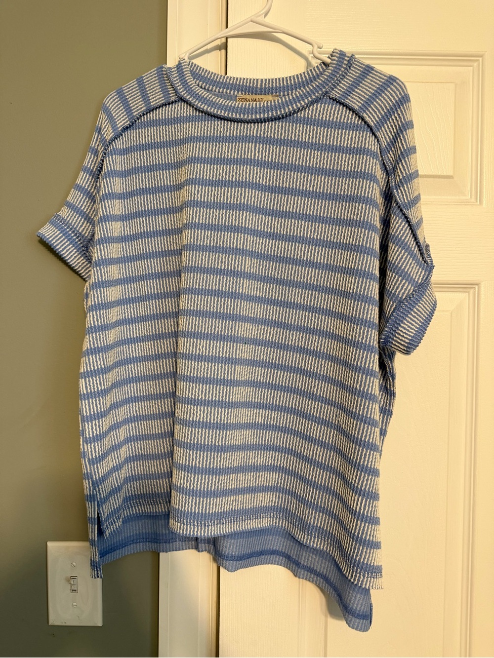 Zenana Outfitters Light Blue & White Striped Crewneck Sweater